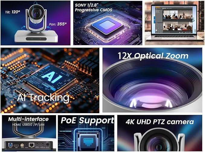 AVKANS 4K NDI PTZ Camera HDMI SDI AI AUTO Tracking PTZ Camera with IP Live Streaming for Church Worship Live Events PoE Support
