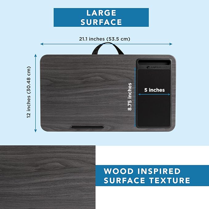 LAPGEAR Home Office Lap Desk with Device Ledge Mouse Pad and Phone Holder - Gray Woodgrain - Fits up to 15.6 Inch Laptops - Style No. 91545