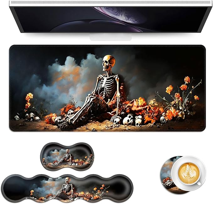 Keyboard Mouse Pad Set Extended Gaming Mouse Pad+Ergonomics Keyboard Wrist Rest Support Memory Foam Easy Typing Pain Relief 4Pcs XL Ultra Thick Desk MatSkeleton with Orange Flowers