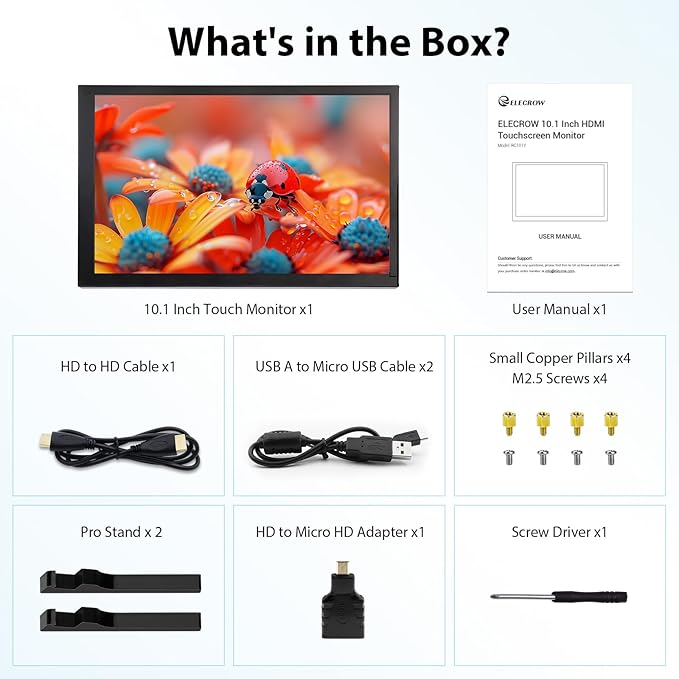 ELECROW 10.1 Inch Touchscreen Monitor 1280x800 IPS LCD HD Display with Stand Portable Capacitive Touch Screen for Raspberry Pi 3/3B+/4B/5 Jetson Nano Banana Pi PC Windows Beaglebone