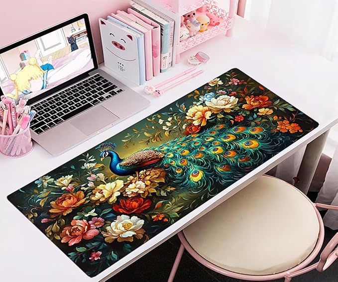 Large Mouse Pad Peacock Desk Mat Color Office Gaming Mouse Pad with Stitched Edges 24x16in Extended Mousepad with Non-Slip Waterproof Rubber Base for PC Laptop Desk Home Office Accessories a-1456