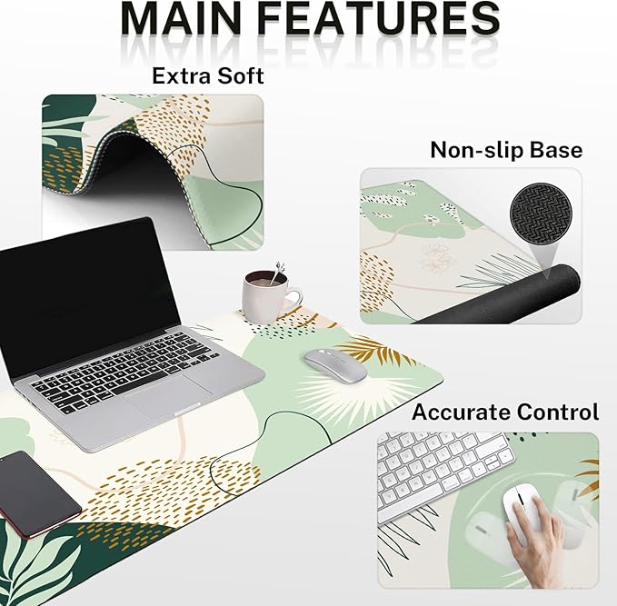Britimes Green Boho Leaves Keyboard Mouse Pad Set 4in1 Large Mousepad+Keyboard Wrist Rest+Mouse Wrist Rest+Coaster Set with Ergonomic Design for Home Office Computer 35.4x15.7 inches