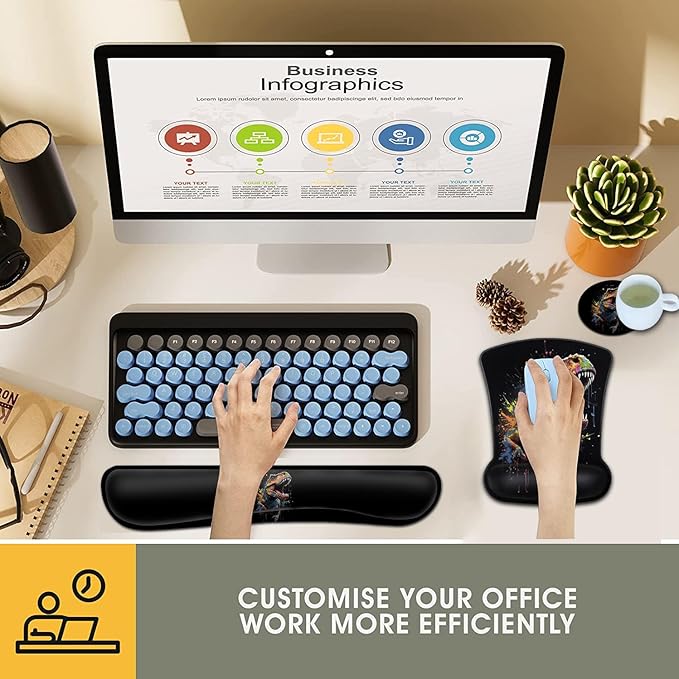 Keyboard Wrist Rest and Mouse Pad Wrist Support Set Ergonomic Gel Mouse Pad Wrist Rest with Non-Slip Base for Home Office Desk Pad Easy Typing Cool Painted Dinosaur Black Gaming Mouse Mat