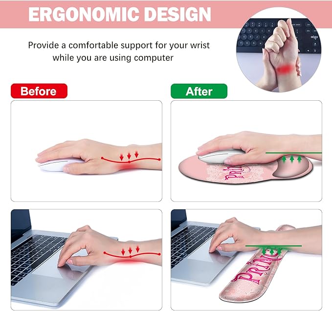 DINKY Pink Mouse Pad with Wrist Rest Desk Pad for Keyboard and Mouse Ergonomic Mousepad Set Keyboard Wrist Rest with Coaster Desk Mat Combo for Office Home Pink Princess
