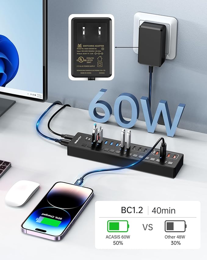 Powered USB 3.0 Hub ACASIS 16 Port USB Hub Powered(Include 2*USB C 3.0+4 Smart Charging Port) with 60W Power Adapter Support Wall Mount USB Hub for PC Laptop Mac Printer Camera