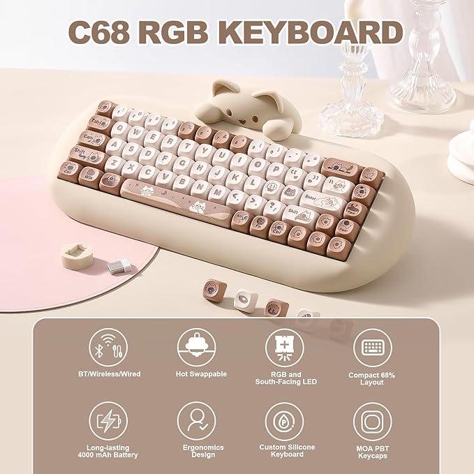 YUNZII C68 Wireless Mechanical Keyboard65% LayoutHot SwapTriple Mode BT5.0/2.4G/Wired RGB Backlit NKROCute Cat Silicone Ergonomic Design for Win/Mac (Brown Milk Switch)