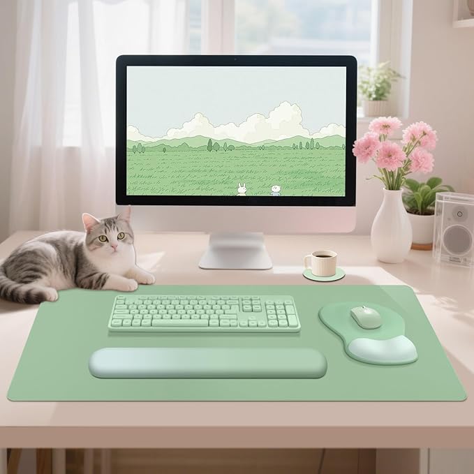 4-in-1 Large Gaming Mouse Pad Keyboard Wrist Rest Pad &amp Wrist Support Mousepad Set Extended Desk Pad Waterproof Desk Mat Protector for Home Office Decor Study Game 35.4×15.7 Inches I Sage Green