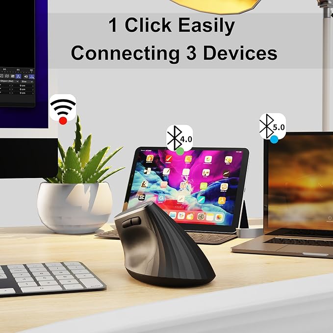 Uineer Vertical Mouse WirelessBluetooth Mouse with BT5.0/4.0/2.4G Rechargeable with Battery IndicatorErgonomic Design for Comfort and Reduced Wrist Strain Ideal for HomeOffice UseMatte Black