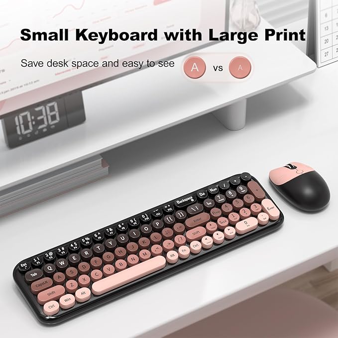 Wireless Keyboard and Mouse Combo MOWUX Compact Typewriter Retro Round Computer Keyboard Cute Optical Mouse Wireless Plug and Play for Laptop PC Computer- BlackBerry Gradient