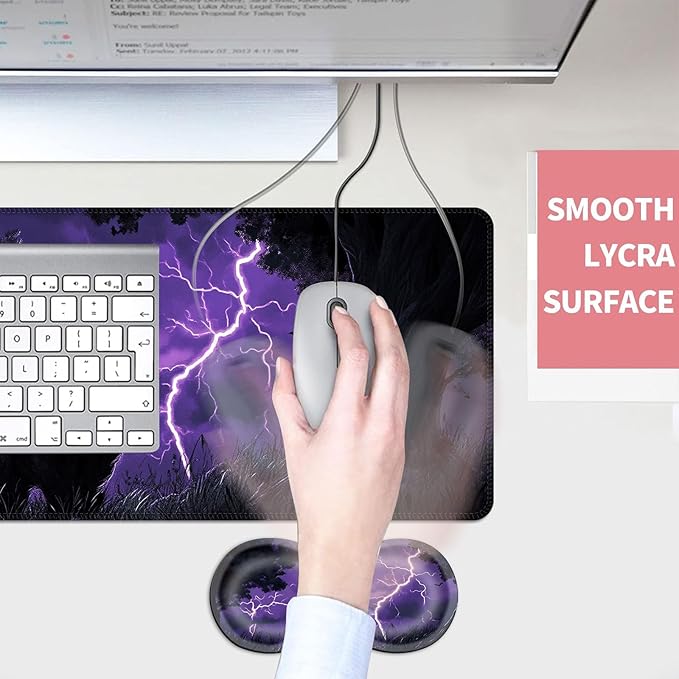 Mouse PadLarge Desk Mat Set 4in1 XL Mousepad + Keyboard Wrist Rest+Mouse Wrist Rest+Coaster with Ergonomic Desk Pad for Home Office Table Computer Cover -Cat in Purple Lightning Storm