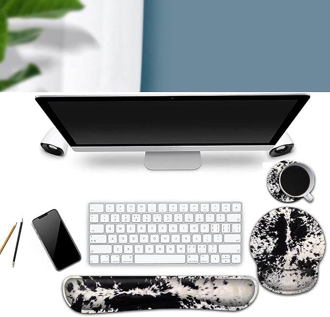 Ergonomic Mouse Pad Wrist Support and Memory Foam Keyboard Wrist Rest Set for Gaming Computer Office Laptop Easy Typing Wireless Mouse MatGel Gaming Cute Black &amp White Cowhide Fur Pattern Desk P