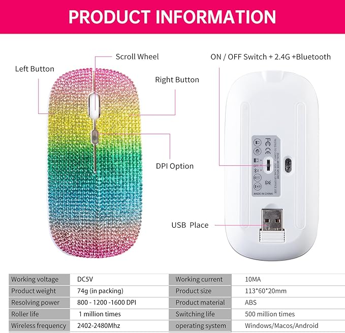 HXMJ Bling Dazzling Rechargeable 2.4G Wireless+Bluetooth MouseCovered with Crystal Diamond RhinestoneRGB BacklitGreat Gift idea for Her (Multicolor)