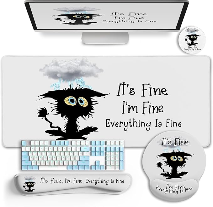 Desk Mat Set Large Gaming Mouse Pad with Wrist Rest Ergonomic Mouse Pad Keyboard Mat Wrist Support Cup Coaster Home Office Desk Accessories Decor Supplies Funny Black Cat