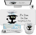 Desk Mat Set Large Gaming Mouse Pad with Wrist Rest Ergonomic Mouse Pad Keyboard Mat Wrist Support Cup Coaster Home Office Desk Accessories Decor Supplies Funny Black Cat