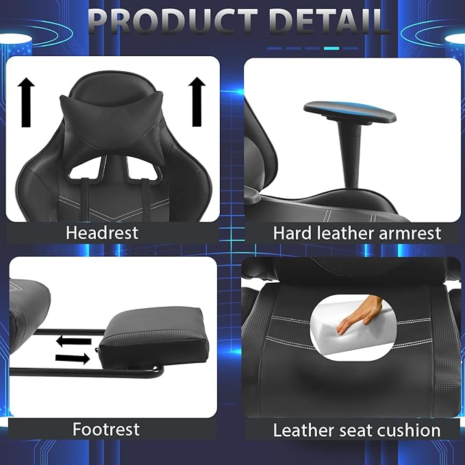 PayLessHere Racing Gaming Chair Office Massage Chair Ergonomic Recliner with Computer Desk PU Leather Lumbar Support Footrest Rolling Swivel and Task Function Ultimate Comfort for Adults (Black)