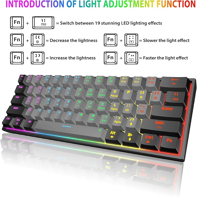 Snpurdiri 60 Percent Machanical Keyboard Red Switches Full Anti-Ghosting 60% Gaming Keyboard Rainbow Backlit for PC Gamer Office Business (Black-Grey Red Switches)