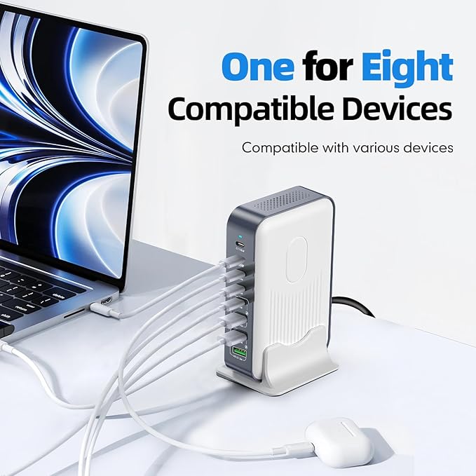 8 Ports USB C Fast Charger Block Chagring Station Dual 100W PD PPS HUB for Multiple Devices Laptop Adapter Compatible with MacBook Pro/Air iPad iPhone Pro Max