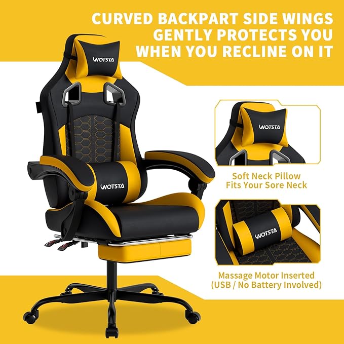 Gaming Chair with MassageErgonomic PC Gaming Chair with Footrest Comfortable Headrest and Lumbar SupportHigh Back Game Chair PVC Leather300LBS (BlackYellow)