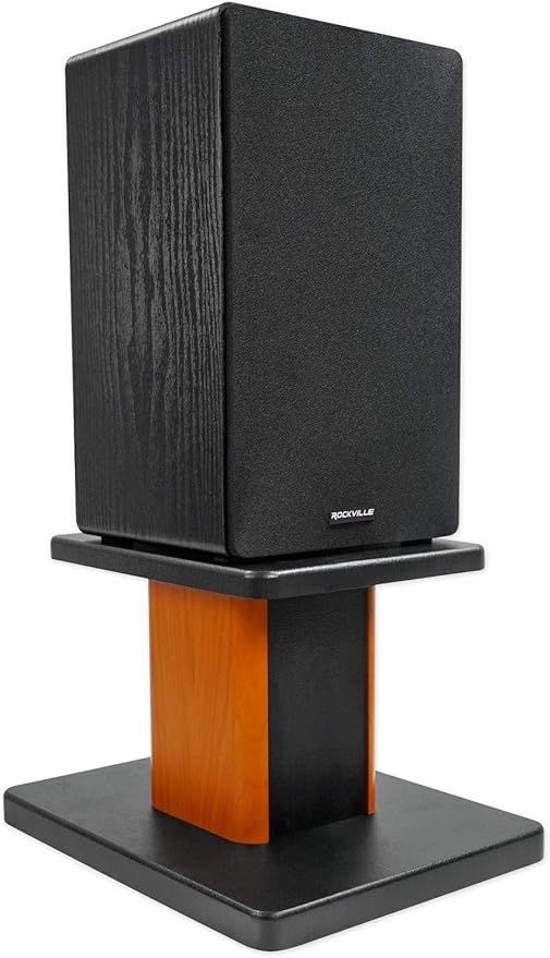 Rockville Pair RHT8C 8 Desktop Speaker Stands 66 lbs. Capacity Wood Finish Resonance-Free Cable Management Isolation Pads for Bookshelf/Studio Monitors