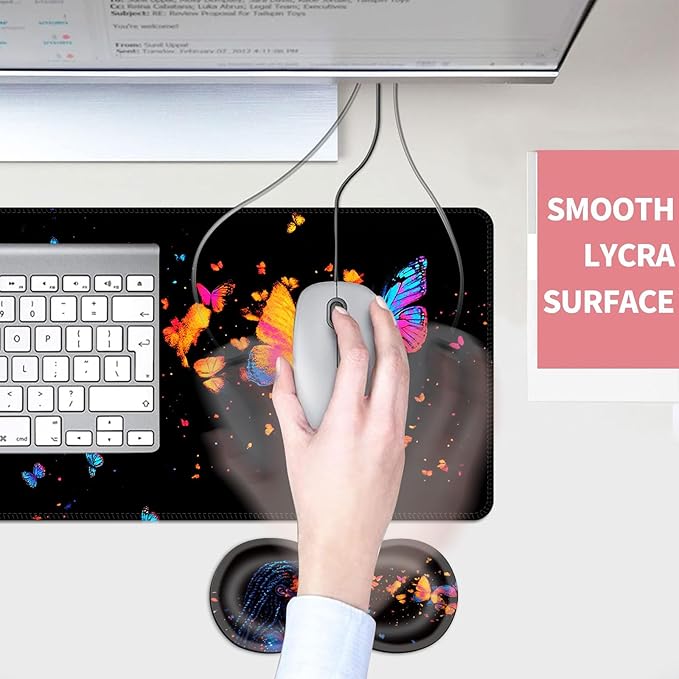 Mouse PadLarge Desk Mat Set 4in1 XL Mousepad + Keyboard Wrist Rest+Mouse Wrist Rest+Coaster with Ergonomic Desk Pad for Home Office Table Computer Cover -Neon Woman with Butterflies