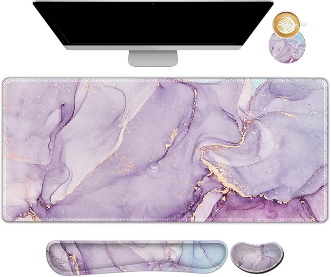 ARTSO Large Gaming Mouse Pad Keyboard Wrist Rest Pad &amp Wrist Support Mousepad Set Stitched Edge Extended Non-Slip Base Memory FoamMultifunctional Desk Mat for Office &amp Home Purple Blue