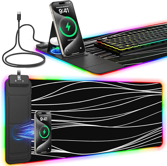 RGB Mouse Pad with Foldable Phone Stand &amp Wireless Charger 31.5x11.8 XL Gaming Mousepad Large Desk Mat Desk Pad with Dual Charging for Phone &amp AirPods | 11 Colors &amp 5 Modes | Waterproo