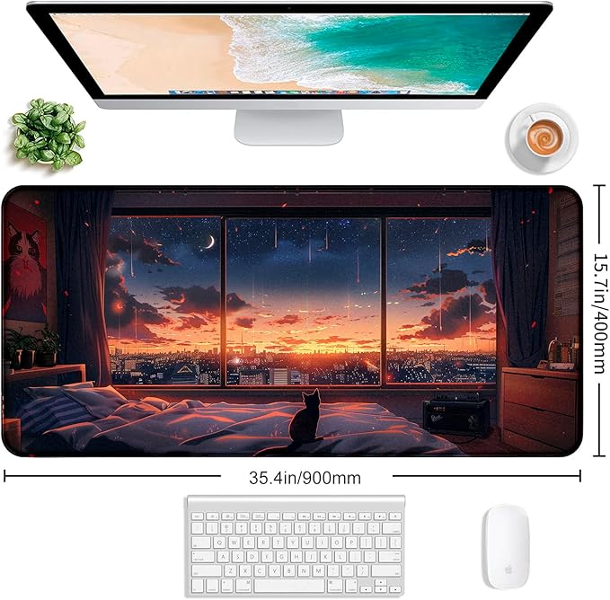 Anime Cat Fantasy Window Mouse Pad Summer Mouse Pad Large Healing Night Scene Game Table Pad XL Office Decoration Women's Laptop Keyboard Pad 35.4 x 15.7 x 0.12 Inches
