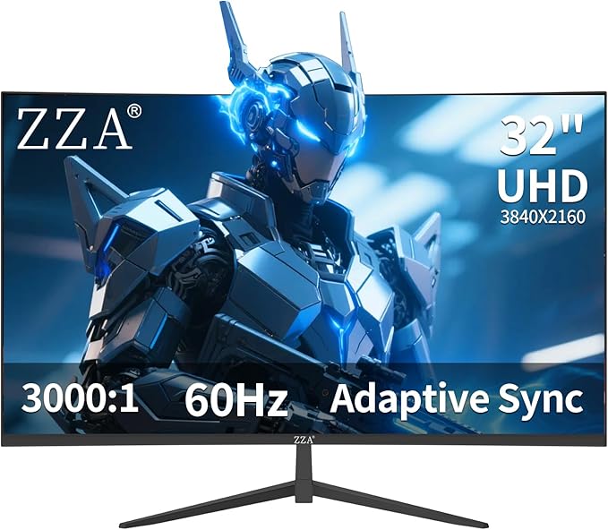 ZZA 32 Inch Curved Monitor 4K UHD 3840x2160 60Hz 3000R VA Display Gaming Monitor with Adaptive Sync HDMI 2.1 &amp DisplayPort 1.4 100% sRGB Computer Monitor VESA 100x100 Black