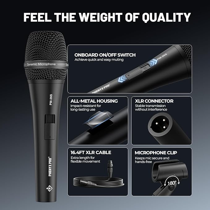 Phenyx Pro Vocal Microphone Supercardioid Dynamic Mic with 16.4 ft XLR Cable Mic Clip Storage Bag Wired Handheld Microphone for Singing Stage Studio Karaoke (PM-26S)