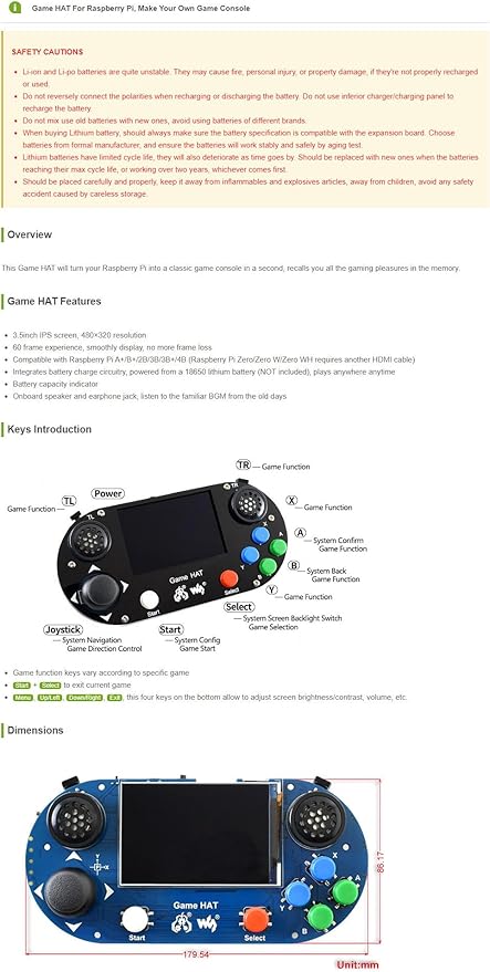 Game HAT for Raspberry Pi A+ B+ 2B 3B 3B+ 4B Zero W 2W with 3.5inch IPS Screen 480x320