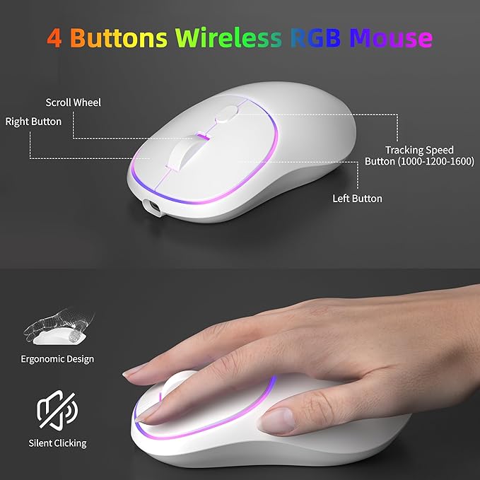 MageGee V550 Wireless Gaming Keyboard and Mouse 2.4G Full-Sized RGB LED Computer Keyboards with Transparent Shell Rechargeable Quiet Cordless Mouse &amp Keyboard Combo for Laptop/PC/Desktop (White)