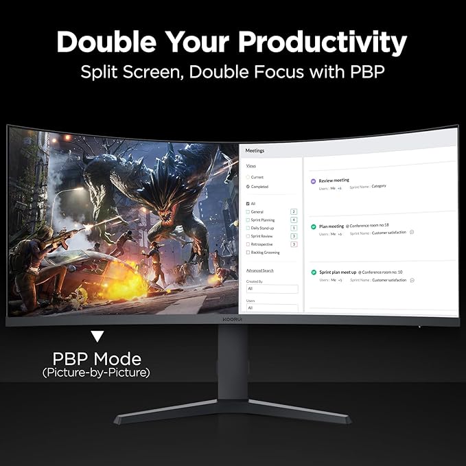KOORUI 34-inch Ultrawide Curved WQHD 3440×1440 Gaming Monitor 165Hz 144Hz Curved 1000R- PIP/PBP 1ms(MPRT) with DisplayHDR 400 FreeSync Premium 75 * 75mm VESA HDMI/DisplayPort 34E6UC