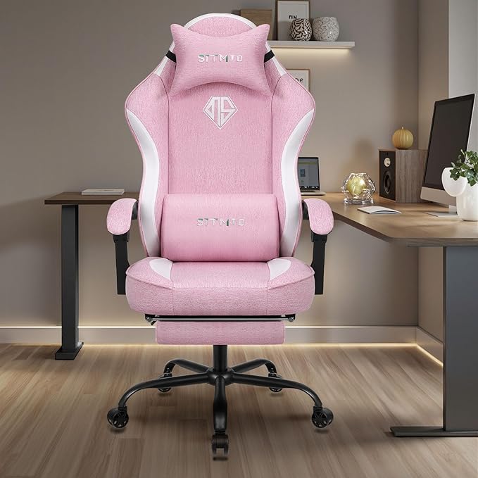 Gaming Chair Video Gaming Chairs for Adults Fabric Comfortable Computer Chair with Footrest Pocket Spring Cushion High Back Ergonomic Gamer Chair with 360° Swivel Seat for Office (Pink)