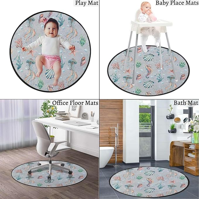 Multicolor Round Area Rug - Non-Slip Rugs Floor Mat Washable Soft Floor Carpet for Living Room Absorbent Round Yoga Mat Beach Seaside Summer Vacation Oceanic Diameter 51 in