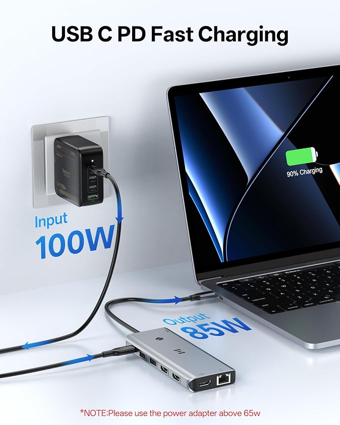 USB C Docking Station 3 HDMI Selore 12-in-1 Docking Station 3 Monitors with Triple HDMI 10Gbps USB A/C 3.1 100W PD Charging Gigabit Ethernet SD/microSD Card Reader for Dell/HP/Lenovo Laptops