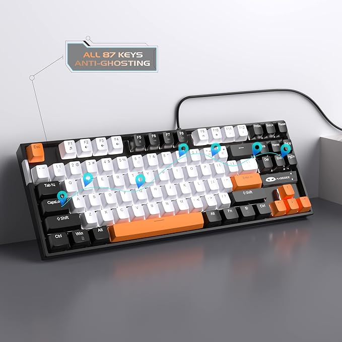 MageGee 75% Mechanical Gaming Keyboard Yellow Switch LED White Backlit 87 Keys Compact TKL Wired Computer Keyboards for Windows Laptop PC Gamer - White/Black