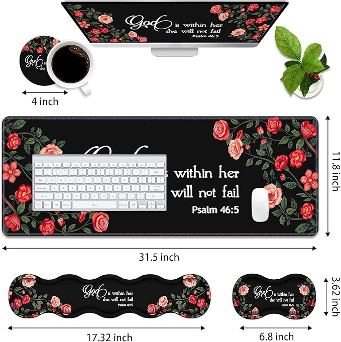 4 in 1 Ergonomic Memory Foam Mouse Pad Wrist Rest Set Large XXL Gaming Desk Pad + Keyboard Wrist Rest + Mouse Wrist Cushion + Coaster for Home Office Study Gaming Floral Quote Bible Verse Psalm 46:5