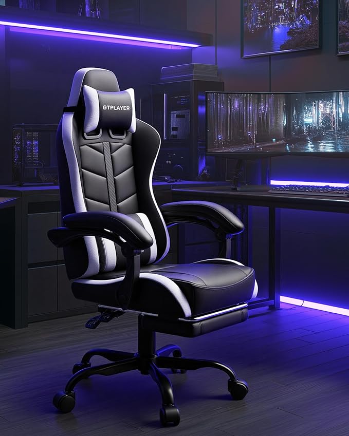 GTPLAYER Gaming Chair for Adults Ergonomic Computer Gaming Chair with Footrest Height Adjustable 90-155° Recline &amp Removable Headrest Lumbar Support Snow White