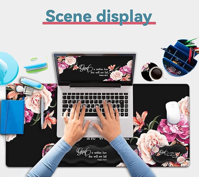 Large Mouse Pad with Wrist Support SetMemory Foam Keyboard Wrist Rest +XXL Extended Gaming Mouse Pad +Ergonomic Mouse Wrist Pad Peony Flower Psalm 46:5 Office Desk Pad for Women Men Gaming Mousepad