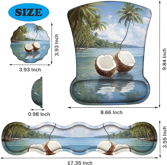 Ergonomic Keyboard Wrist Support Pad and Wrist Support Mouse Pad Anti-Slip with Gel Memory Mouse Pad Set Suitable for Office Use/Home Use - Coconut Beach