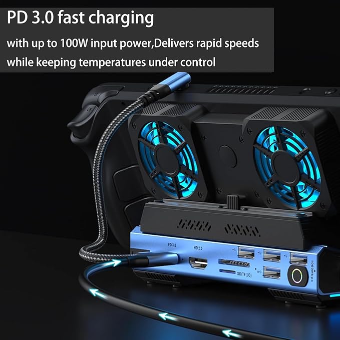 USB C Docking Station Compatible with Switch 2/ Steam Deck OLED/ROG Ally X/Legion Go M.2 NVMe SSD Enclosure Hub with 4K@60Hz HDMI 100W PD Dual Cooling Fans Gigabit Ethernet USB 3.0/SD/TF