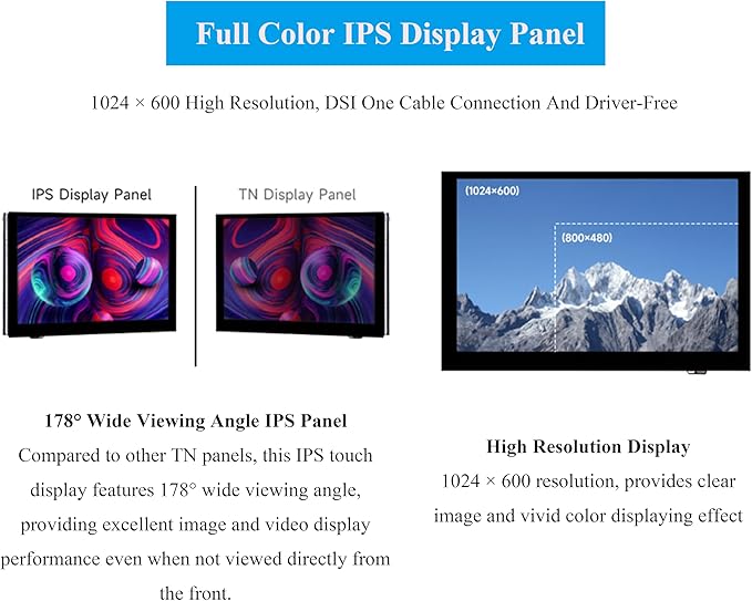 5inch DSI LCD 5-Point Capacitive Touch Screen Monitor for Raspberry Pi Pi5/4B/3B+/3B/3A+/CM4/CM3+/CM3 1024 x 600 Resolution IPS Display Screen DSI Interface 178° Viewing Angle No Driver Required
