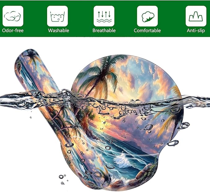 Bxgolkgd Ergonomic Gel Mouse Wrist Rest Pad and Keyboard Pad SetAnti-Slip PU Bottom Easy Typing and Relieve Wrist Pain with Cute Coaster Set (3-Palm Tree Beach)