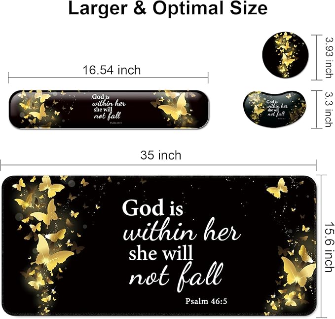 Keyboard Wrist Rest + Mouse Pad with Wrist Support + Desk Mat + Coaster 4 in 1 SetDesk Matt for DesktopCute Large Gaming Ergonomic Mousepad for Computer Laptop Office Home Decor-Gold Butterfly
