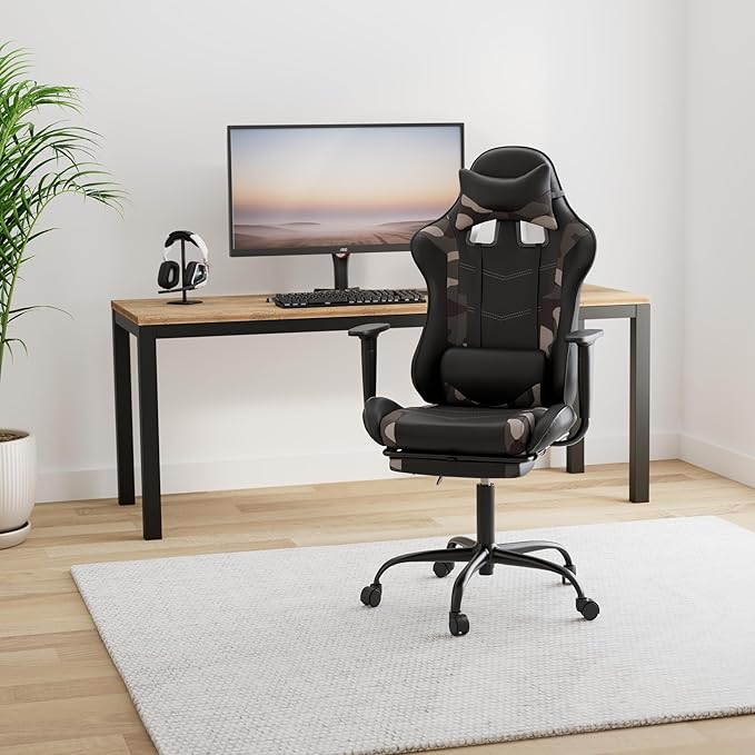 Gaming Chair Racing Office Chair Ergonomic Desk Chair Massage PU Leather Recliner PC Computer Chair with Lumbar Support Headrest Armrest Footrest Rolling Swivel Task Chair for Women Adults Camo