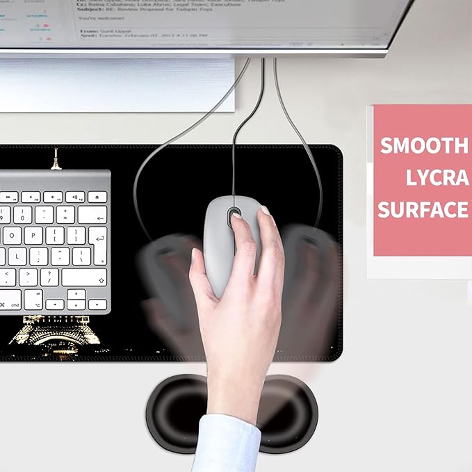 Mouse PadLarge Desk Mat Set 4in1 XL Mousepad + Keyboard Wrist Rest+Mouse Wrist Rest+Coaster with Ergonomic Desk Pad for Home Office Table Computer Cover -Eiffel Tower at Night