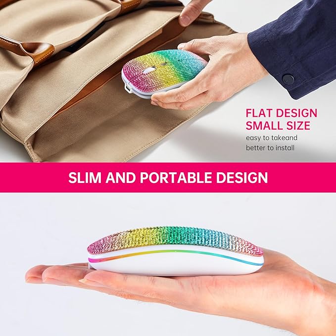 HXMJ Bling Dazzling Rechargeable 2.4G Wireless+Bluetooth MouseCovered with Crystal Diamond RhinestoneRGB BacklitGreat Gift idea for Her (Multicolor)