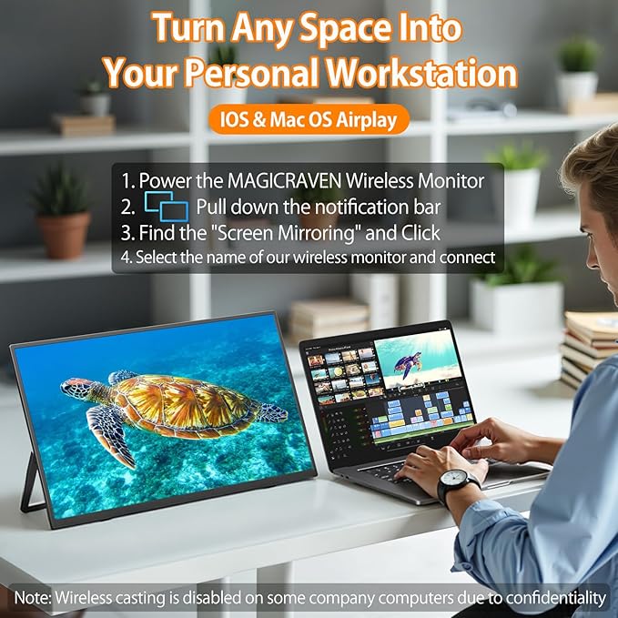 Wireless Portable Monitor for Laptop 18.5 Portable Monitor with Battery-1080P FHD Second Screen for Home &amp Office AirPlay &amp Miracast Casting No Cables or Drivers Needed