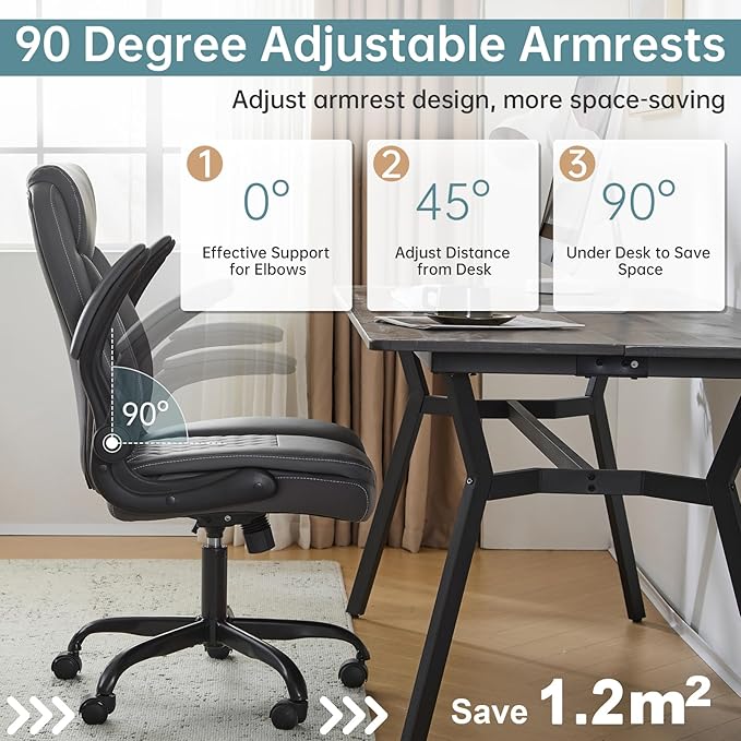 YFO Leather Office Chair Ergonomic Home Office Desk Chair Back Support Swivel Executive Office Chair with Wheels and Flip-Up Armrests Small Gaming Chair with Adjustable Rocking Function Grey