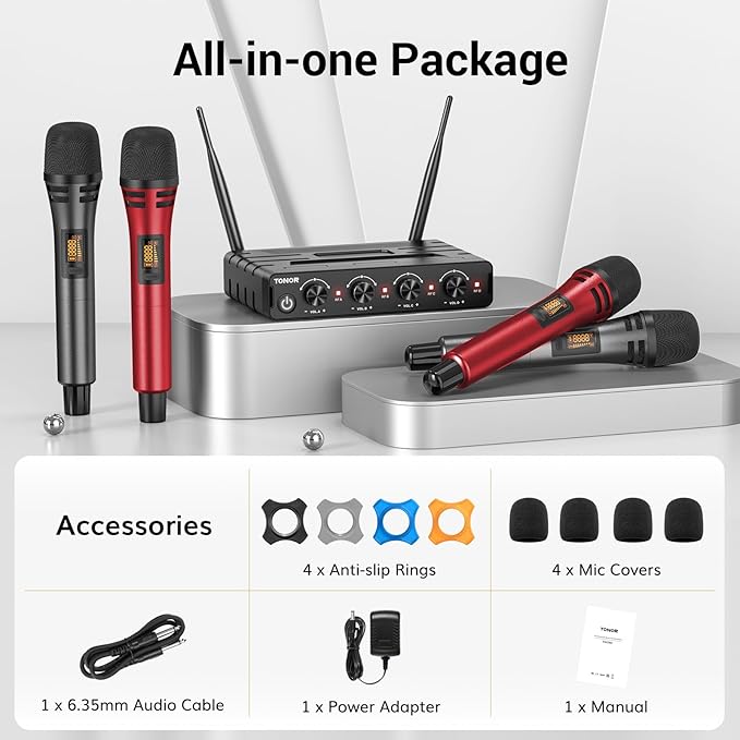 TONOR Wireless Microphones System with 4x10 Channels Cordless Handheld Microfono Inalambrico UHF Mics with Stable Signal Transmission for Karaoke Singing Party Church Wedding 60 m/200ft Red
